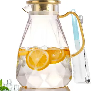 Glass Pitcher,74oz/2.2 Liter Water Pitcher with Lid,Beverage Serveware,Iced Tea Pitcher,Water Carafe Handle,Heat Resistant Borosilicate Jug（with Mixing Spoon and Cup Brush）