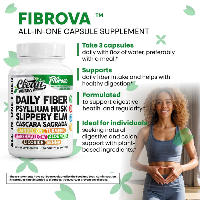 Clean Nutra Psyllium Husk, Slippery Elm & Aloe Vera Fiber Supplement for Digestive Health & Daily Fiber Support - Fibrova