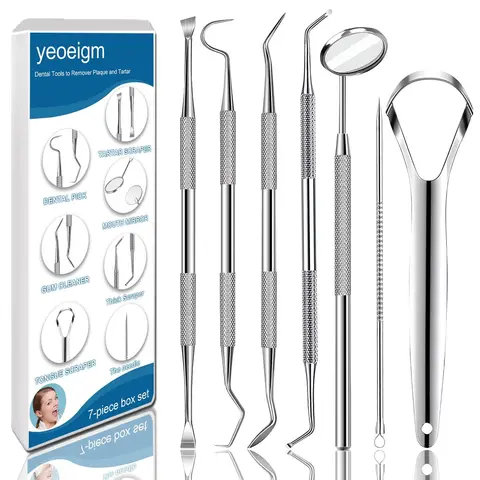 7pcs Dental Tools, Dental Pick Teeth Cleaning Tools Hygiene Kit, Professional Stainless Steel Tooth Scraper Plaque Tartar Cleaner - with Case, Personal Using, Pets - Teeth Cleaning Kit