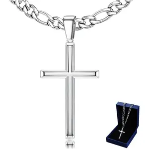 THUNARAZ Unisex 2-Piece Beveled Edge Cross Necklaces - Stainless Steel Figaro/Square Rolo Chain Links, 16-28 in Length, Cross Design Religious Jewelry, Ideal for Daily Wear, Gifting
