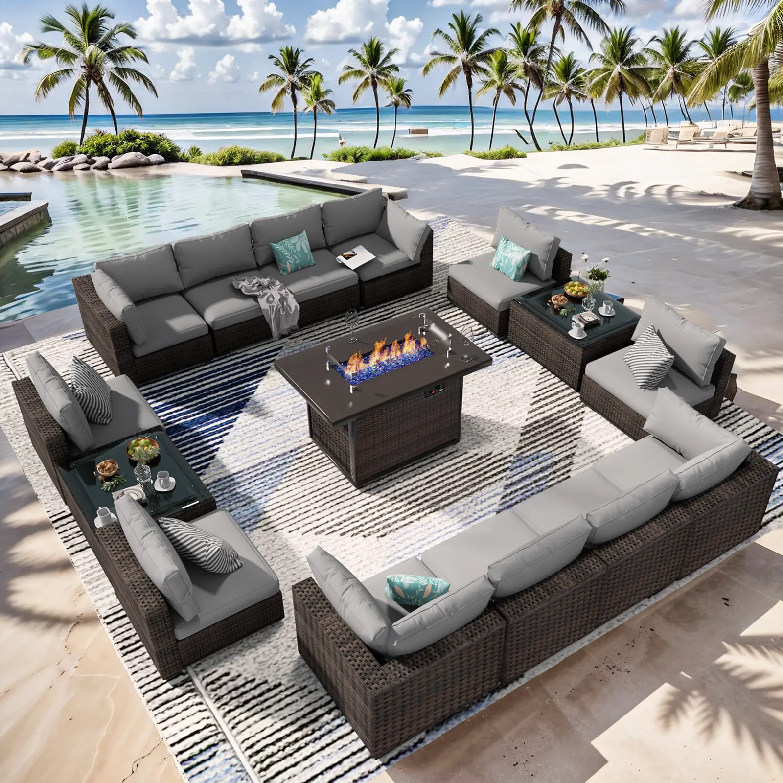 Grezone All-Weather Rattan Wicker Outdoor Sectional Patio Furniture Set, 42" Fire Pit Table Sofa Couch - Patio Conversation Set for Garden Backyard (Mother's Day Gift), Outdoor Furniture Set summerwins,home decor,camping essentials