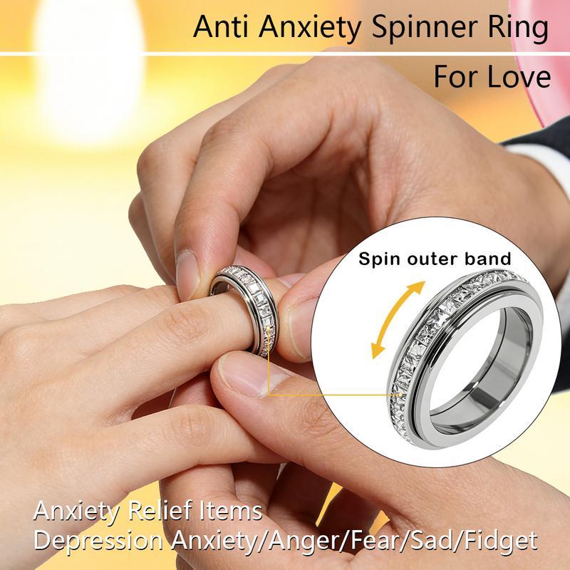 Rexviao Women's Non-Tarnish Tarnish-Proof Titanium Steel Spinner Fidget Rings with Cubic Zirconia, Comfort-Fit Anxiety Relief Jewelry (Sizes 5-12), Love Gift Accessory, Non Tarnish Jewelry, Tarnish Proof Jewelry
