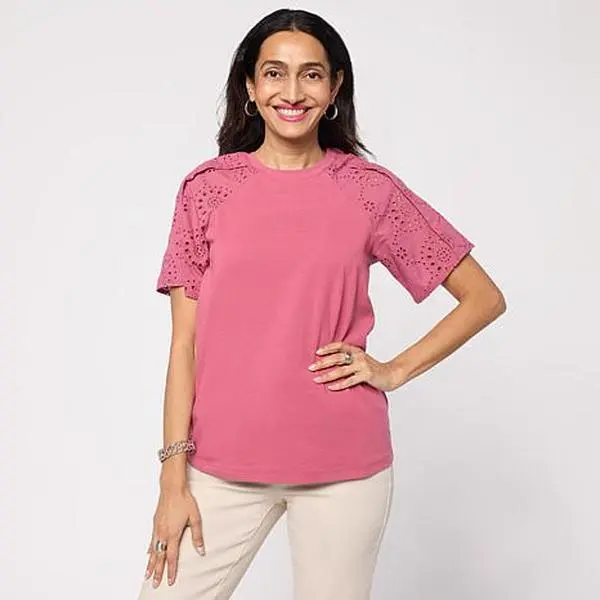 DG2 by Diane Gilman Cotton Jersey Knit Eyelet Raglan Sleeve Top