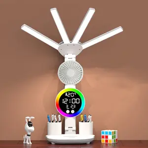 4 Head Eye Protection Desk Lamp for Office Home Room Type-C Powered Multifunctional Reading Lamp with Fan Dimmable Bedroom Nightstand Studying Lights USB Rechargeable