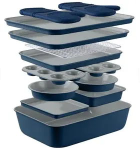 Nonstick Stackable Bakeware Set - Durable, Easy Release Baking Set, Cream, 13 Pcs - Blue