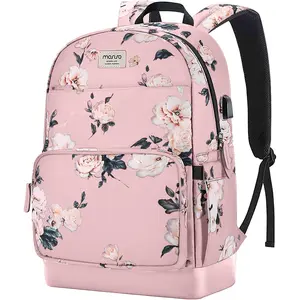 MOSISO 15.6-16 inch Laptop Backpack for Women, Polyester Anti-Theft Stylish Casual Daypack Bag with Luggage Strap & USB Charging Port, Camellia Travel Backpack