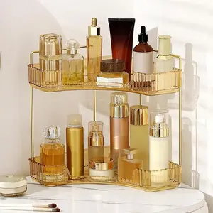 2/3-Tier Corner Bathroom Counter Organizer, Plastic Vanity Storage Shelf, Clear/Amber Makeup Skincare Perfume Cosmetic Tray, Space Saving Countertop Sink Organizer for Bathroom, Bedroom Dresser & Kitchen bedroom storage