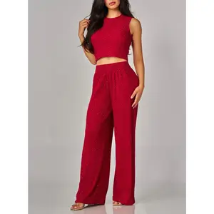 Victoria - Crinkled Rhinestone Crop Top Loungewear Pant Set - Casual Sleeveless Above The Knee Summer Outfit