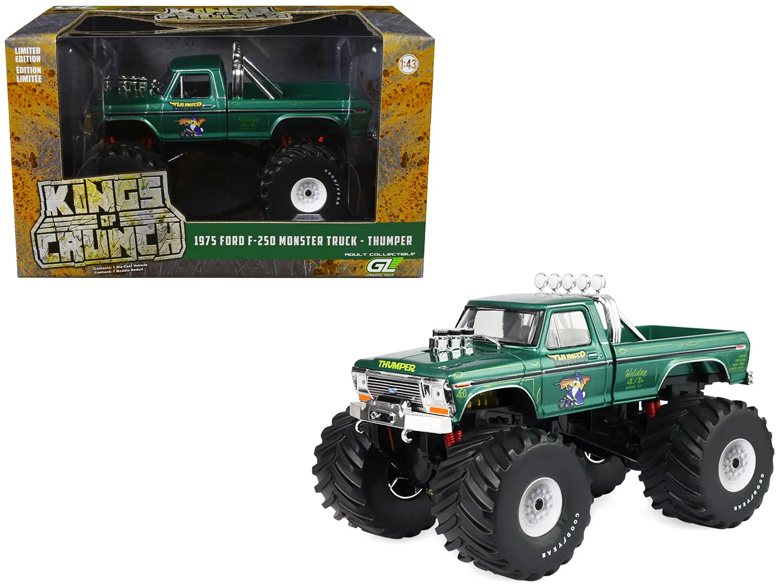 1975 Ford F-250 Monster Truck with 66-Inch Tires "Thumper" Green Metallic "Kings of Crunch" 1/43 Diecast Model Car by Greenlight