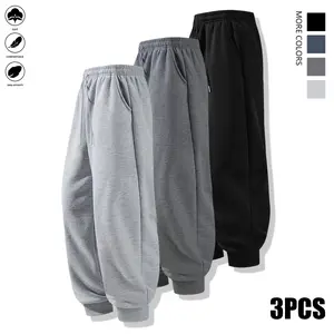 Men's 3-Piece Plain Casual Sporty Trousers - Polyester Fabric, Drawstring Waist Athleisure, Elastic Waistband, Ankle Binding Design, Regular Fit, Adult-Only, All-Season Wear