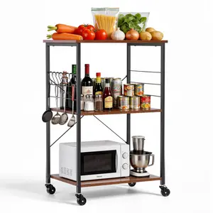 VEVOR Kitchen Utility Cart, 3 Tier 23.7 in Microwave Stand Coffee Cart, Heavy Duty Storage Rack, Service Trolley on Wheels, Industrial Rolling Work Table with 8 Hooks, for Mini Oven, Toaster, Vintage