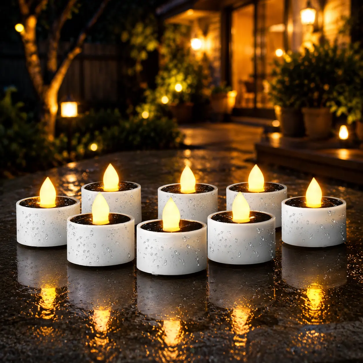 8-Pack Solar Tealight Decorative Lights - Outdoor Water Resistant, 1.2V Low Voltage Rechargeable, 1.5in x 1.58in Flameless Auto Night Light with Built-in Sensor, Dusk to Dawn Flickering Glow for Porch, Fairy Garden