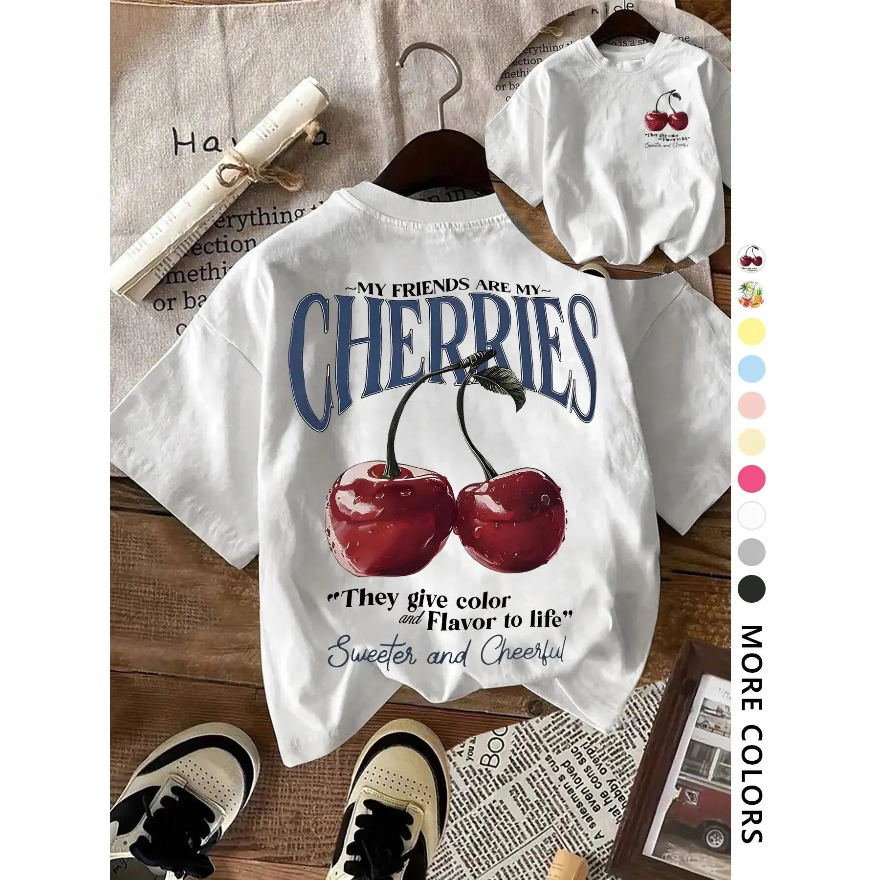 Print Fruit Summer Vacation Loose Fit T-Shirt Fitted, Casual Streetwear Youth Comfortable Campus Fashion, Front Back Dual Face Printing