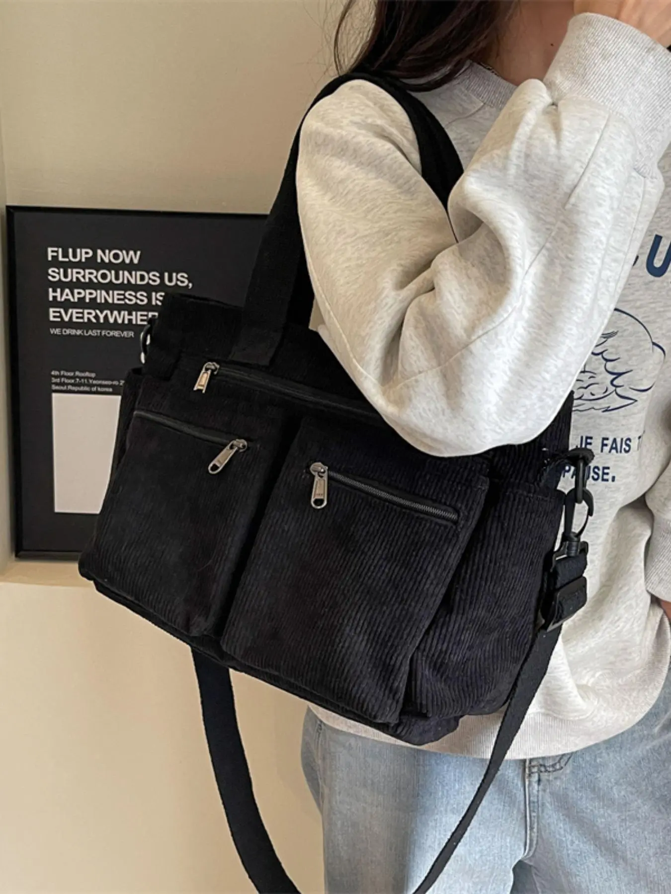 Women's Solid Color Zipper Tote Bag, Large Capacity Multi-pocket Portable Shoulder Bag, Casual Trendy Versatile High-quality Daily Commuting Bag, Business Style Tote Women's Solid Color Zipper Tote Bag, Large Capacity Multi-pocket Portable Shoulder Bag, Casual Trendy Versatile High-quality Daily Commuting Bag, Business Style Tote