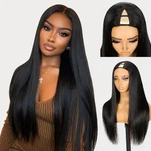 Straight V Part Human Hair Wig 24 Inch 180% Density Thick Synthetic Hair Glueless Upgrade U part Wigs Natural Black Color Beginner Friendly