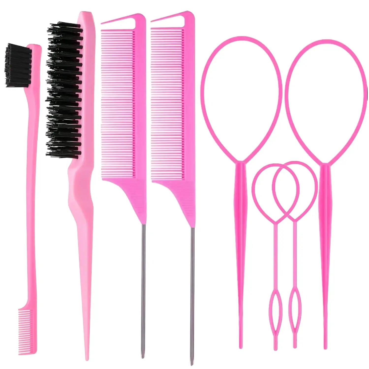8PCS Hair Brush Set with Topsy Hair Tail Tools Edge Control Brush Rat Tail Combs Teasing Brush for Hair Styling Braiding Backcombing Pink