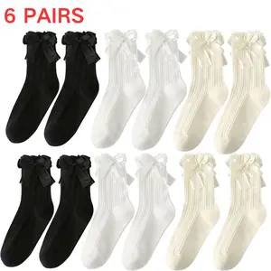 3 / 6 Pairs Women’s Bow Lace Ruffle Crew Socks Cute Cozy Cotton Casual Frilly Socks for Women Lettuce Bowknot Lightweight Soft Knit Breathable Casual Aesthetic Calf Socks for Girls Cream Lolita Princess Bowtie Gifts 3 / 6 Pack Multi-Packs Size 5-10