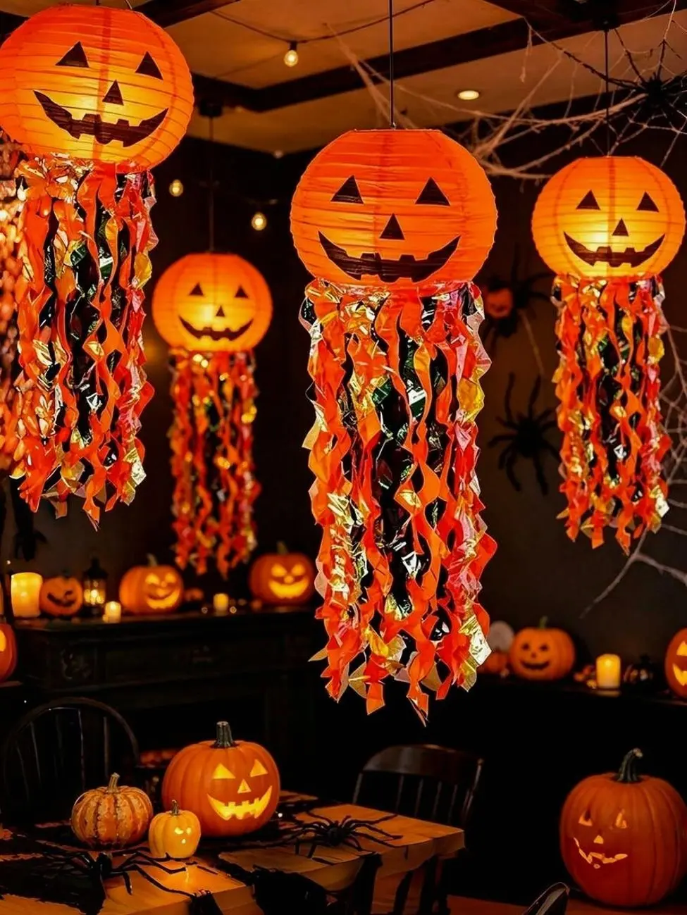 Halloween Paper Lanterns with Tassels, Pumpkin Face Hanging Decorations, Foldable Orange Lanterns for Indoor Halloween Party, Ceiling Decor, Home, Living Room, Kids Room & Festive Events