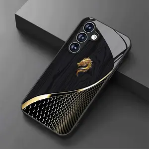 Golden Dragon tempered glass phone case for Samsung Galaxy S25, S24, S23 & more. Black texture design, slim, stylish, and impact-resistant protection.