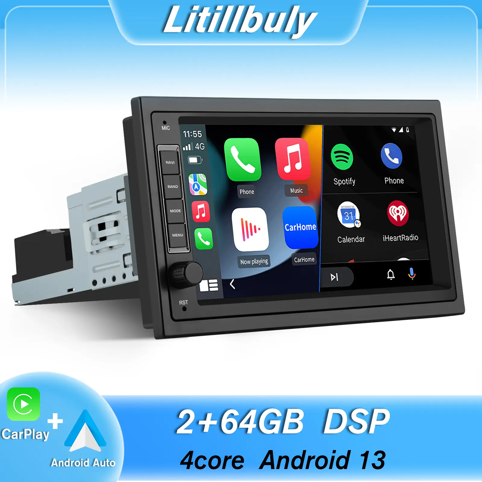 1 DIN Car Stereo Touchscreen with Android Auto Wireless Carplay, Bluetooth WIFI supports GPS Navigation