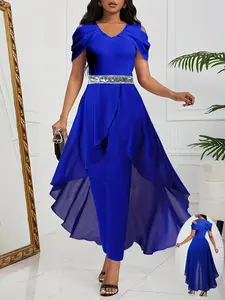 Women's Contrast Sequin High Low Hem Jumpsuit, Elegant 2 in 1 V Neck Jumpsuit for Party, Ladies' Clothes for Spring & Fall