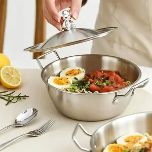 Stainless Steel Korean Rice Wine Bowl Double Ear With Lid Golden Snack Salad Bowl Dual Handle Noodle Pot With Cover Round Multifunctional Tableware For Home Kitchen Dorm Restaurant Food Serving Soup Noodle Dessert Storage Daily Use Kitchenware