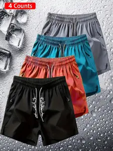 4 Pcs American Tribal Shorts, Dark Streetwear, Unisex, Quick-Dry Breathable Fabric, Symmetrical Totem Print, Sporty Style, Drawstring Waist