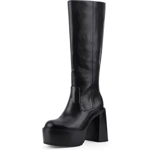 Platform Mid Calf Boots for Women High Heel Block Heel Women’s Tall Boots Square Toe Comfortable Casual Boots Trendy Stylish Shoes