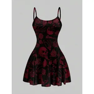 Women’s casual A-line mini dress with skull and rose pattern, suitable for summer; summer dresses; spring clothes; cute dresses for women; women’s dress; women’s dresses; women’s clothing; dresses; womenswear; piece