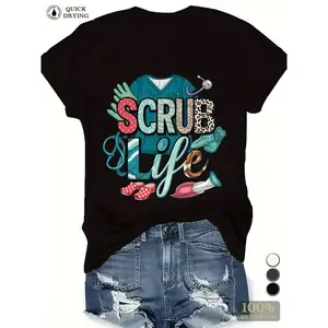 Women's Stethoscope Scrub Life Print Short Sleeve T-Shirt 100% Cotton Crew Neck Black Summer Streetwear