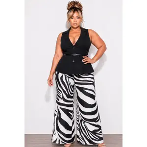 Final Sale Plus Size 2pc Sleeveless Black Belted Vest and Linen Pant Set in Black & Brown Mixed Zebra Print