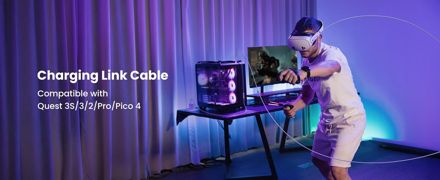 KIWI design Link Cable with Charging 16FT Compatible with Meta Quest 3S/3/2/Pro/Pico 4 Accessories and PC/SteamVR, USB 3.0 to USB C Link Cable with 5Gbps Super Speed for Extended Gameplay, White