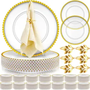 50-Pack Clear Charger Plates – 13-Inch Beaded Plastic Acrylic Dinner Plates with Napkin Rings for Weddings, Parties & Events