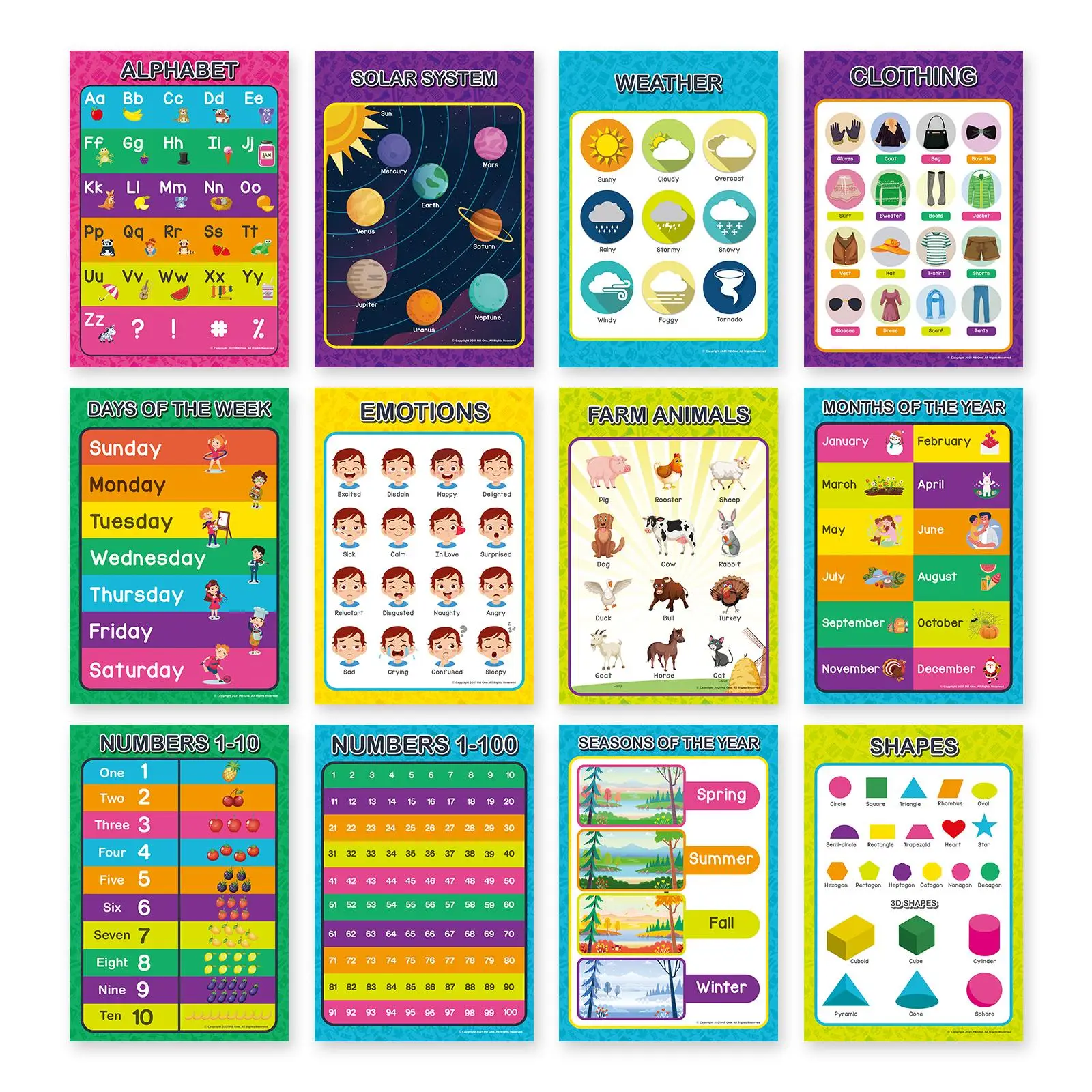 Educational Posters (12pcs), Alphabet, Solar System, Weather, Clothing, Day, Emotions, Farm Animals, Months, Numbers, Seasons & Shapes Posters