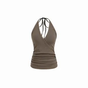 Cider Cotton-blend Ruched V-Neck Rivet Halter Top