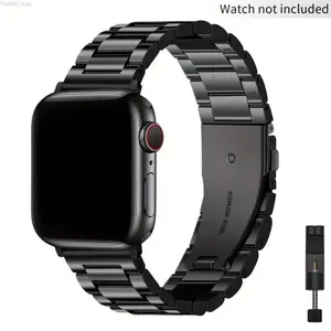 Stainless Steel Apple Watch Band (Band Only), Three-Bead Link Design with Folding Buckle, Adjustable Smartwatch Strap with Tool, Durable Replacement Band for Everyday Wear