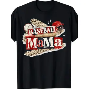 1pc Kids' Baseball Bat And Leopard Print Black T-Shirt, Crew Neck, Casual Tee, Medium Stretch Knit Fabric, Regular Fit for Boys And Girls Children, Alphabet Pattern, for Spring/Summer/Fall Mother'S Day Christmas/Halloween/Valentine'S Day (3-13Y)