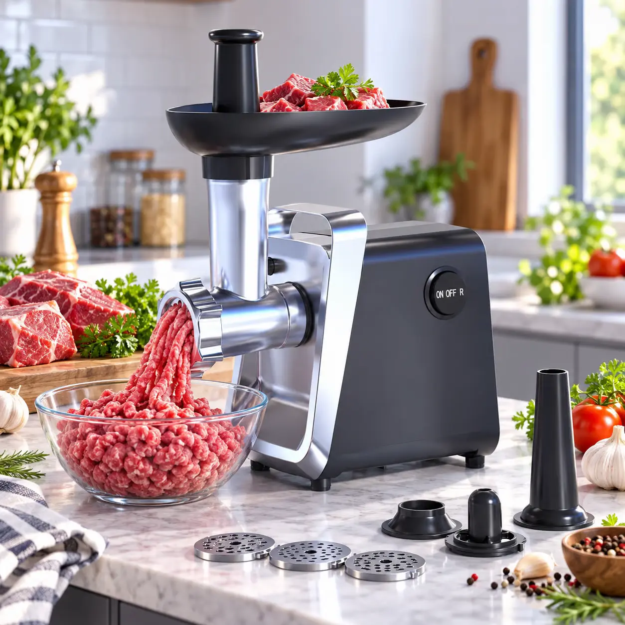 【Heavy Duty Electric Meat Grinder】 — 2 Speeds, Endless Possibilities Chop meat, garlic, chili, and make sausage in seconds. Powerful automatic motor with ABS cast aluminum body. Hands-free convenience for festivals, parties, and everyday cooking.