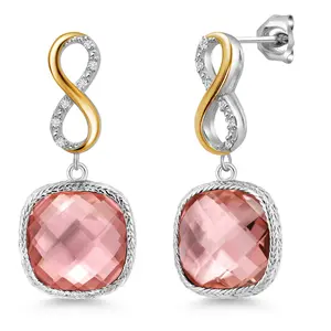 Gem Stone King 925 Sterling Silver Peach Nano Morganite and White Lab Grown Diamond Earrings for Women | 15.10 Cttw | Gemstone October Birthstone | Cushion 12MM