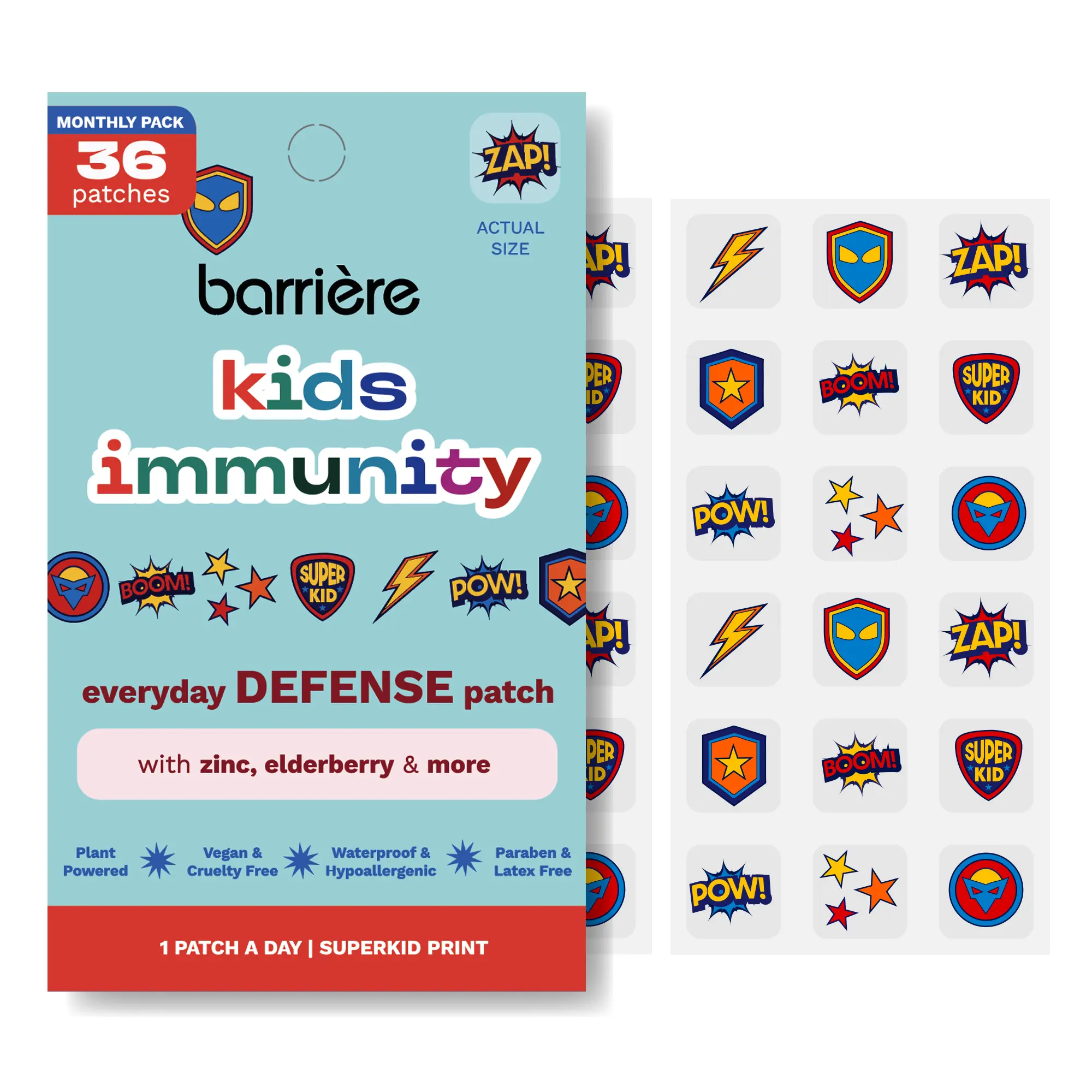 Barrière Kids Immunity Superkid Patch with Elderberry Extract Zinc & Vitamins for Daily Immune Support Dinosaur Print Monthly Pack 36 Patches