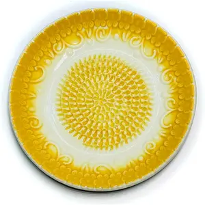 , -in-  Ceramic Garlic Grater Plate 4- Set - Yellow Embossed Design and Style - For Garlic, Ginger, , and ! - Comes with 5.25" Plate, Peeler, Brush, and Stand