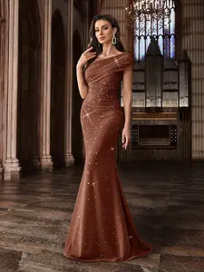 Coffee Brown One Shoulder Mermaid Evening Gown Sequin Ruched Formal Dress for Women Sleeveless Prom Party Dress with Lining Elegant Mid Stretch Soft Fabric