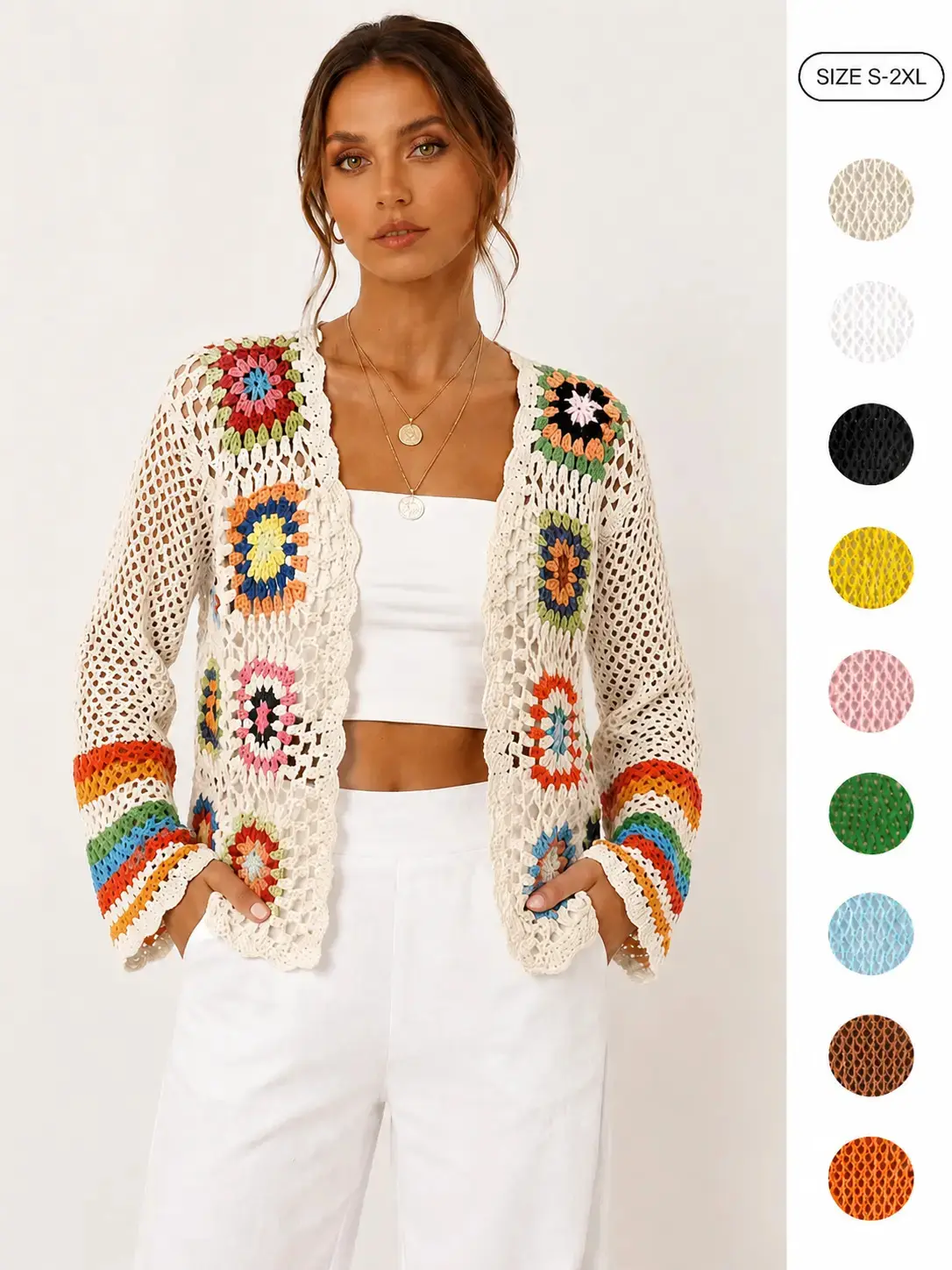IDEALSANXUN Floral Crochet Cardigans for Women Trendy Spring Summer Hollow Out Open Front Boho Cardigan Sweater Tops Shrug sale lace lover granny square Vintage Tribal Knit Cardigan with Belt Casual Long Sleeve summerwins,summerwins