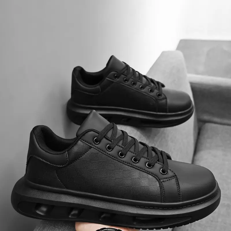 Men's Fashionable Lace Up Low Top Sneakers, Trendy PU Leather Sneakers, Casual Comfortable Breathable Sports Shoes, Male All-match Round Toe Chunky Sneakers for Daily Life, Thick Soled Sneakers, Stylish Sneaker