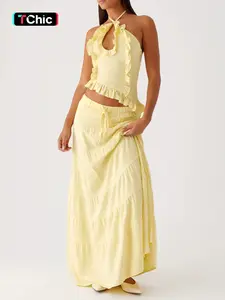 Spring Summer Yellow Two Piece Set for Women, Ruffle Halter Neck Sleeveless Crop Top + Tiered Maxi Skirt Outfit, Lightweight Breathable Fabric, Figure Flattering Coquette Boho Matching Set for Beach Vacation Date Night Resort Wear
