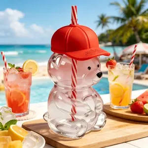2026 New Bear-Shaped Glass Cup, Cute Reusable 20oz Glass Cup with Lid and Straw, Ideal for Coffee, Milk Tea, Birthday and Holiday Gifts