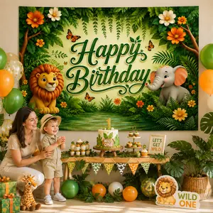 Jungle Safari Birthday Backdrop, Green Animal Party Tapestry with Lion Elephant Giraffe, Kids Birthday Photo Background Wall Decor for Baby Shower Party
