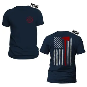 Thin Red Line Flag With Axe US Firefighter Front & Back Print T-Shirt Casual Crewneck