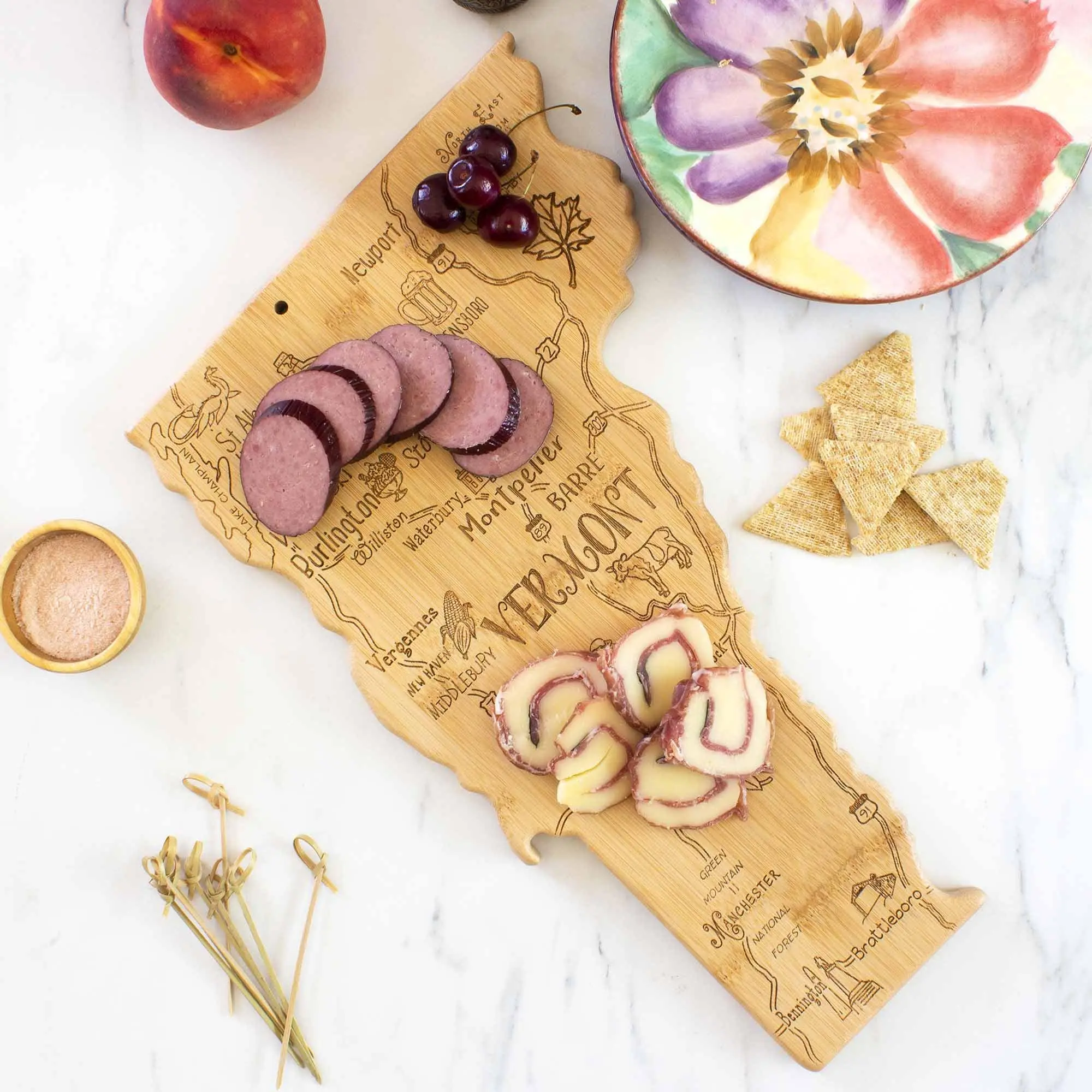 Destination Vermont State Shaped Cutting Board, Charcuterie and Serving Board – Gift for Vermont Lovers, Home Décor or Kitchen Use