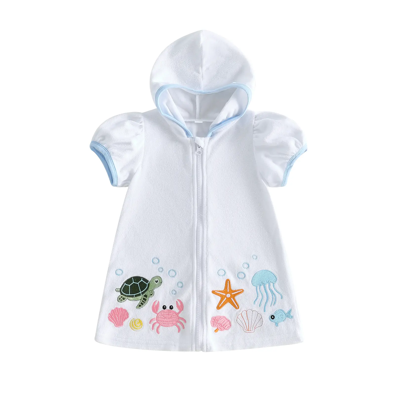 Toddler Baby Little Girl Beach Cover Up Short Sleeve Hooded Terry Cloth Robe Crab Starfish Embroidery Zip Up Bath Wrap Swimwear 1-6 Years